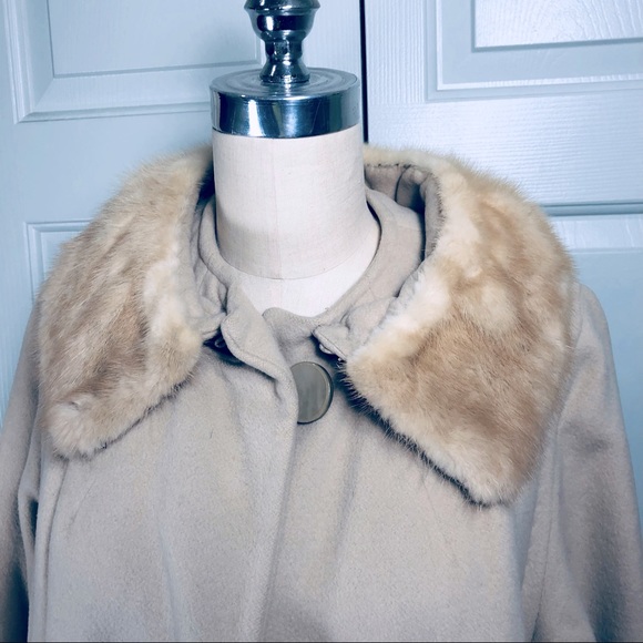 Vintage Cashmere Mink Fur Collar Pockets Coat Jacket Beige Size Large - Picture 3 of 16